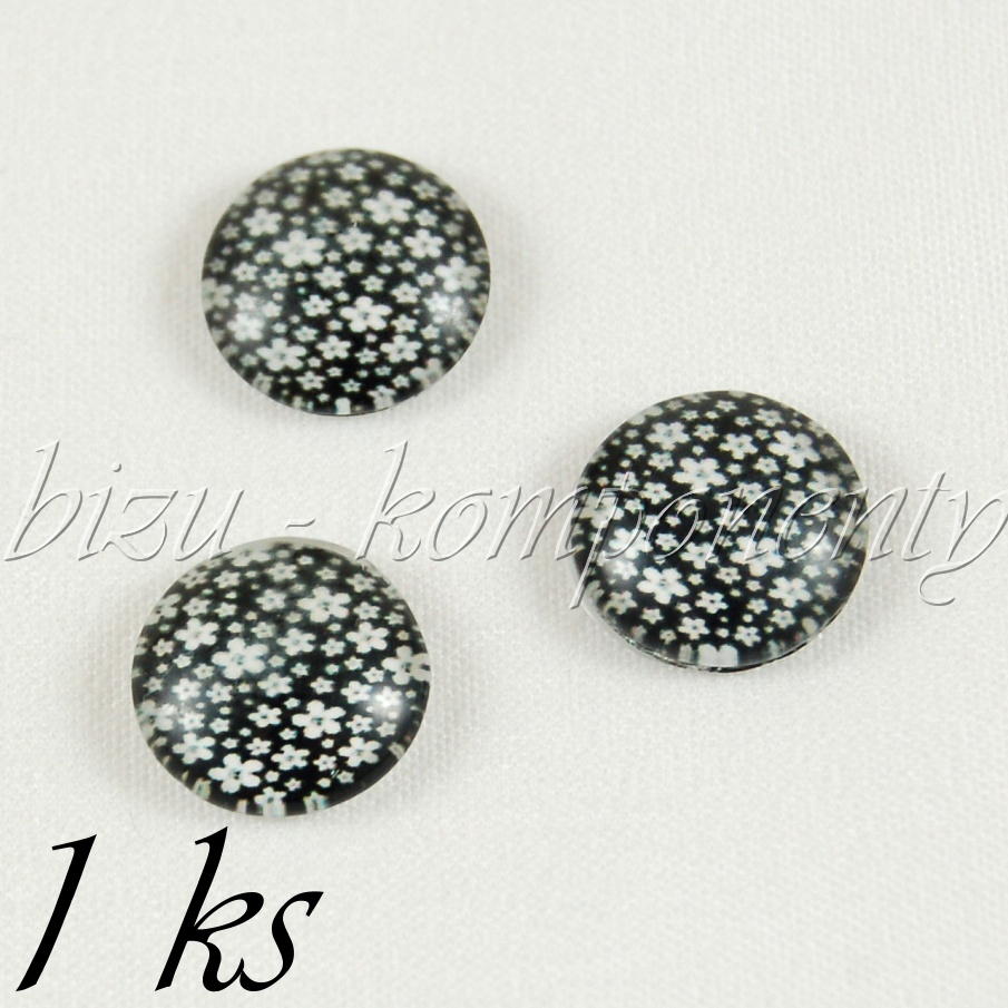 Skleněný kabošon s bílými kvítečky, 12 mm