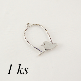 Ptáček stříbrné barvy na bidýlku