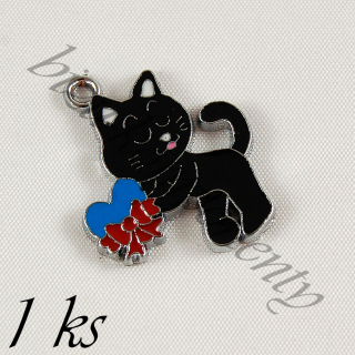 Černá smaltovaná kočička s modrým srdíčkem