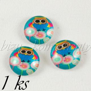 Skleněný kabošon sovička na pampeliškách, 16 mm