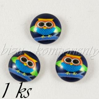 Skleněný kabošon sovička s modrým bříškem, 16 mm