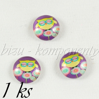 Skleněný kabošon žlutá sovička na pampeliškách, 20mm