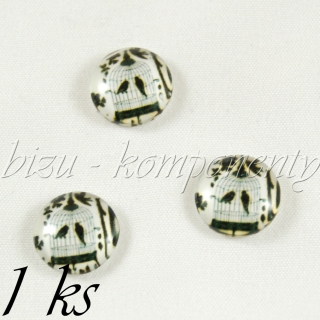 Skleněný kabošon klec s ptáčky, 20mm