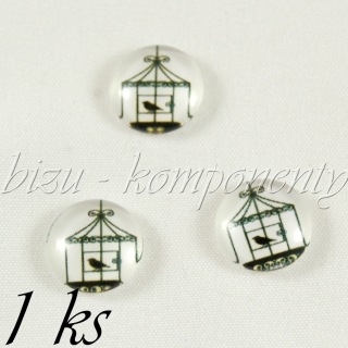 Skleněný kabošon ptáček ve dvířkách, 16 mm