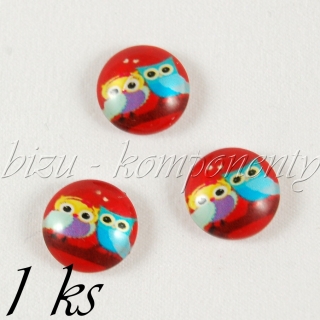 Skleněný kabošon dvě sovičky na červeném, 20mm