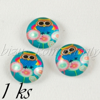 Skleněný kabošon sovička na pampeliškách, 20mm