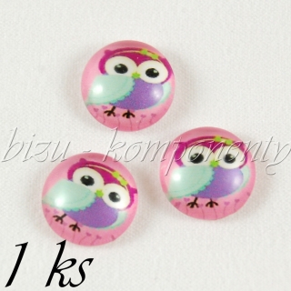 Skleněný kabošon sovička parádnice s mašlí, 20mm
