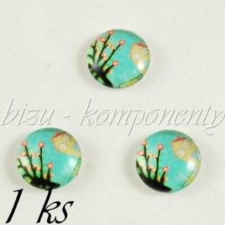 Skleněný kabošon dům s rozkvetlým stromem, 20mm