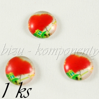 Skleněný kabošon červené stromy u zeleného domu, 20mm