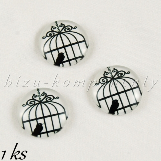Skleněný kabošon ptáček v kleci 16 mm