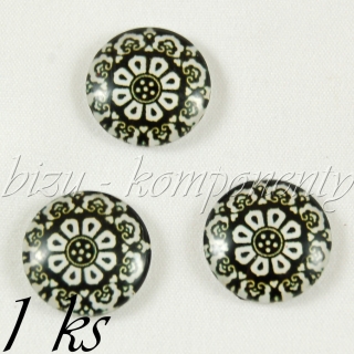 Skleněný kabošon černo - bílý květ , 12 mm