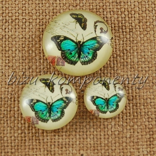 Skleněný kabošon zelený motýl, 16 mm