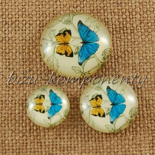 Skleněný kabošon modrý a žlutý motýl, 16mm