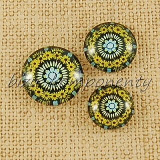 Skleněný kabošon žluto-černá mandala,14 mm