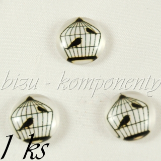 Skleněný kabošon dva ptáčci v kleci, 12 mm