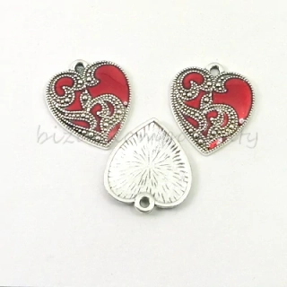 Červený smalt - srdce, stříbrná barva
