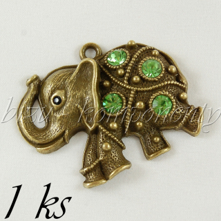 Běžící slon se zelenými šatony, bronzová barva