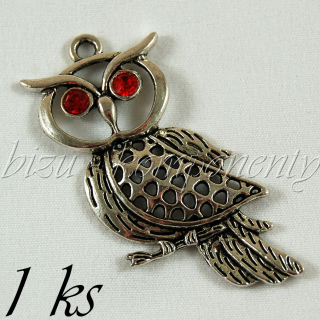 Sova z profilu s červenýma očima, stříbrná barva