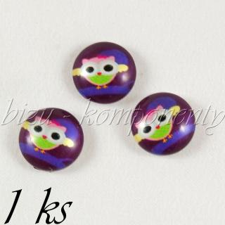 Skleněný kabošon sovička na fialové větvi,12 mm