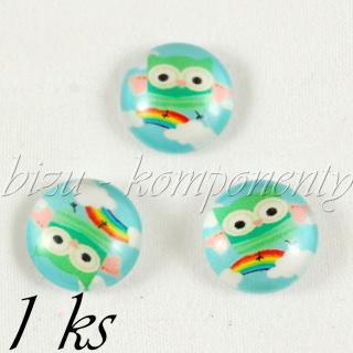 Skleněný kabošon zelená sovička na duze,12 mm