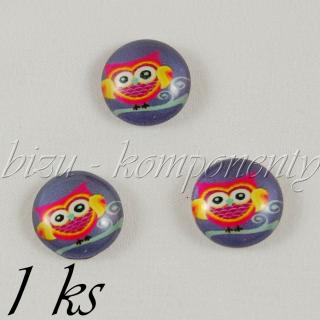 Skleněný kabošon sovička na větvi s fialovým pozadím, 12 mm