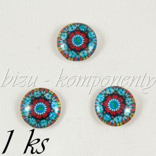 Skleněný kabošon modro-červená mandala, 12 mm