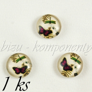 Skleněný kabošon fialový motýl s vážkou, 12 mm