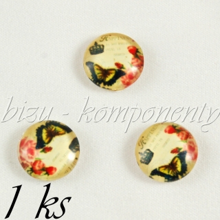 Skleněný kabošon motýl s růžemi, 12 mm