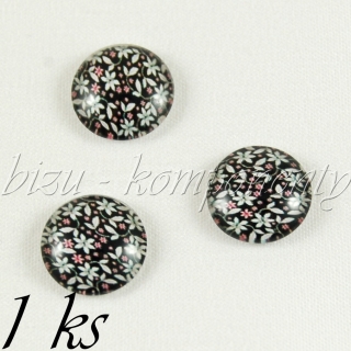 Skleněný kabošon s růžovými kvítky, 12 mm