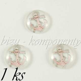 Skleněný kabošon růžová kotva, 12 mm