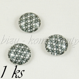 Skleněný kabošon s černými čtyřlístky, 12 mm