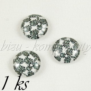 Skleněný kabošon s černými květinami, 12 mm