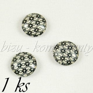 Skleněný kabošon černo-bílý se srdíčky, 12 mm