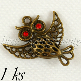 Letící 3D sova s červenýma očima, bronzová barva