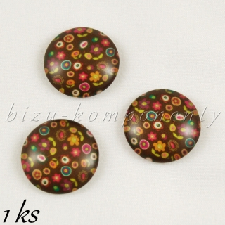 Skleněný kabošon hnědý s kytičkami  20mm
