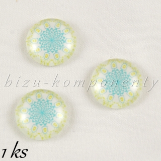Skleněný kabošon jemná modrožlutá mandala 16mm