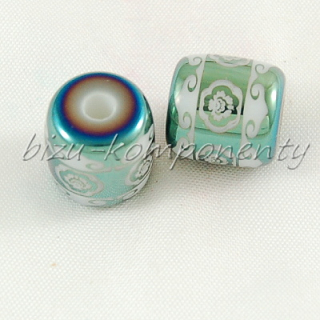 Keramický korálek, zelený váleček s pokovením, 12x11mm 