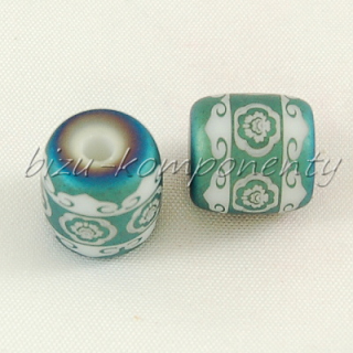 Keramický korálek, zelený váleček s pokovením, 12x11mm 