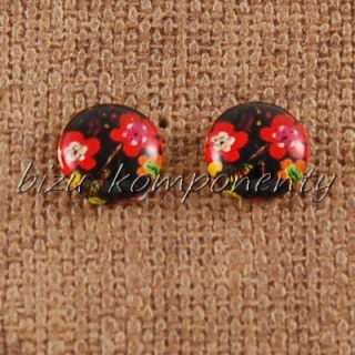 Skleněný kabošon červené a žluté květy, 10mm