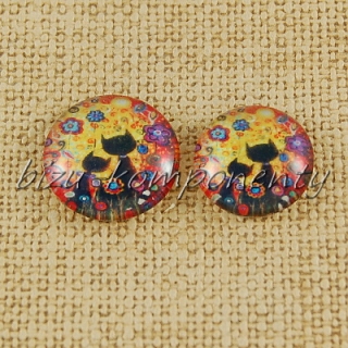 Skleněný kabošon dvě kočičky v rozkvetlé zahradě, 16mm